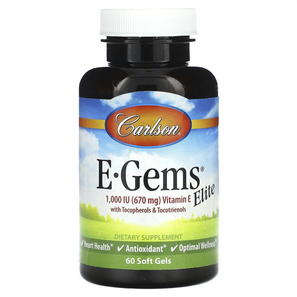 Carlson, E-Gems Elite, витамин E с токоферолами и токотриенолами, 670 мг (1000 МЕ), 60 мягких таблеток CAR-00796