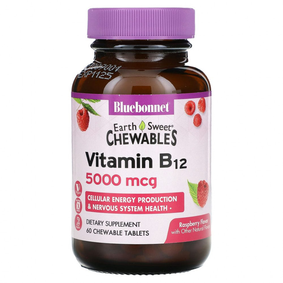 Bluebonnet Nutrition, Earth Sweet Chewables, витамин B12, малина, 5000 мкг, 60 жевательных таблеток BLB-00442