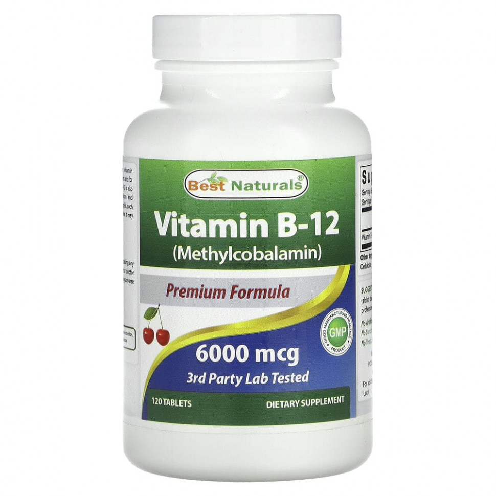 Best Naturals, Витамин B12 (метилкобаламин), 6000 мкг, 120 таблеток Бест Натуралс BNR-01293