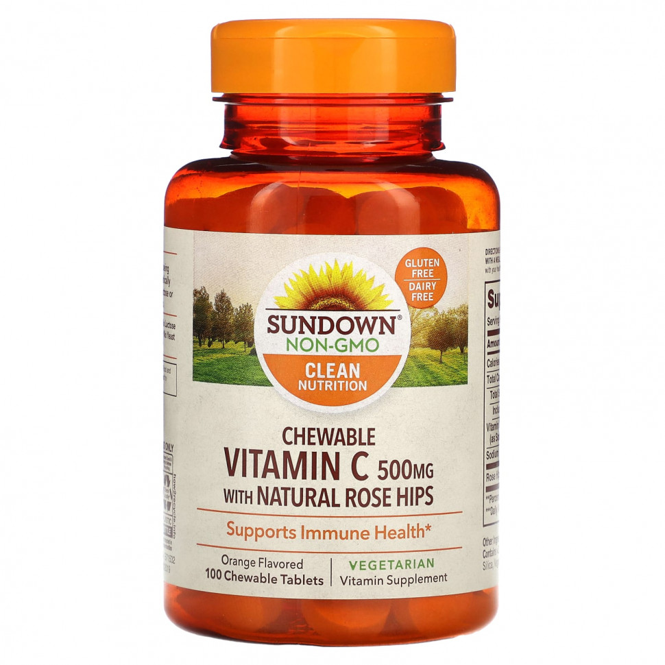 Sundown Naturals, Жевательный витамин C с натуральным шиповником, апельсин, 500 мг, 100 жевательных таблеток SDN-00552