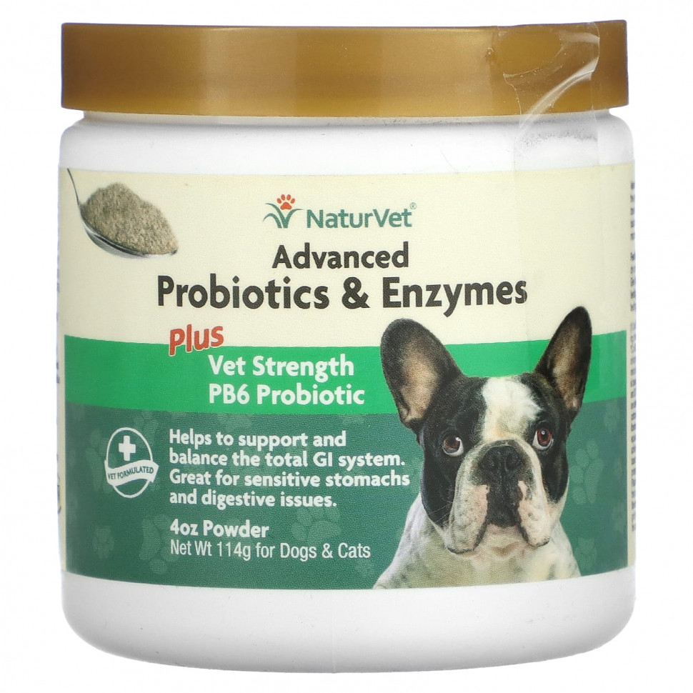 NaturVet, Улучшенные пробиотики и ферменты с пробиотиком PB6 Vet Strength, для собак и кошек, 114 г (4 унции) VET-04830