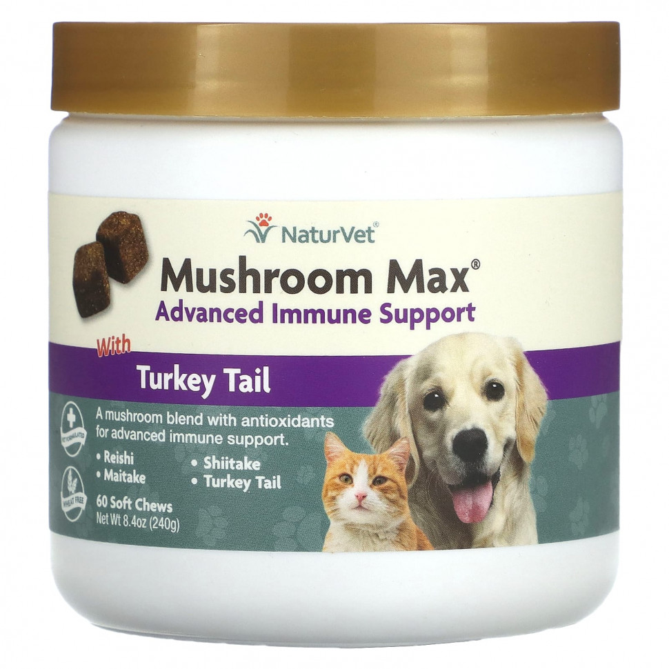 NaturVet, Mushroom Max, улучшенная поддержка иммунитета с индюковидным хвостом, для собак и кошек, 60 жевательных таблеток, 240 г (8,4 унции) VET-03731