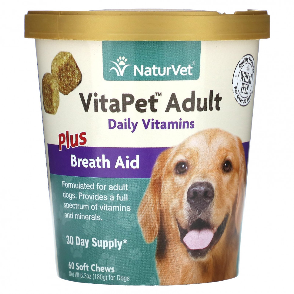 NaturVet, VitaPet Adult, ежедневные витамины и помощь при дыхании, для собак, 60 жевательных таблеток, 180 г (6,3 унции) VET-03687