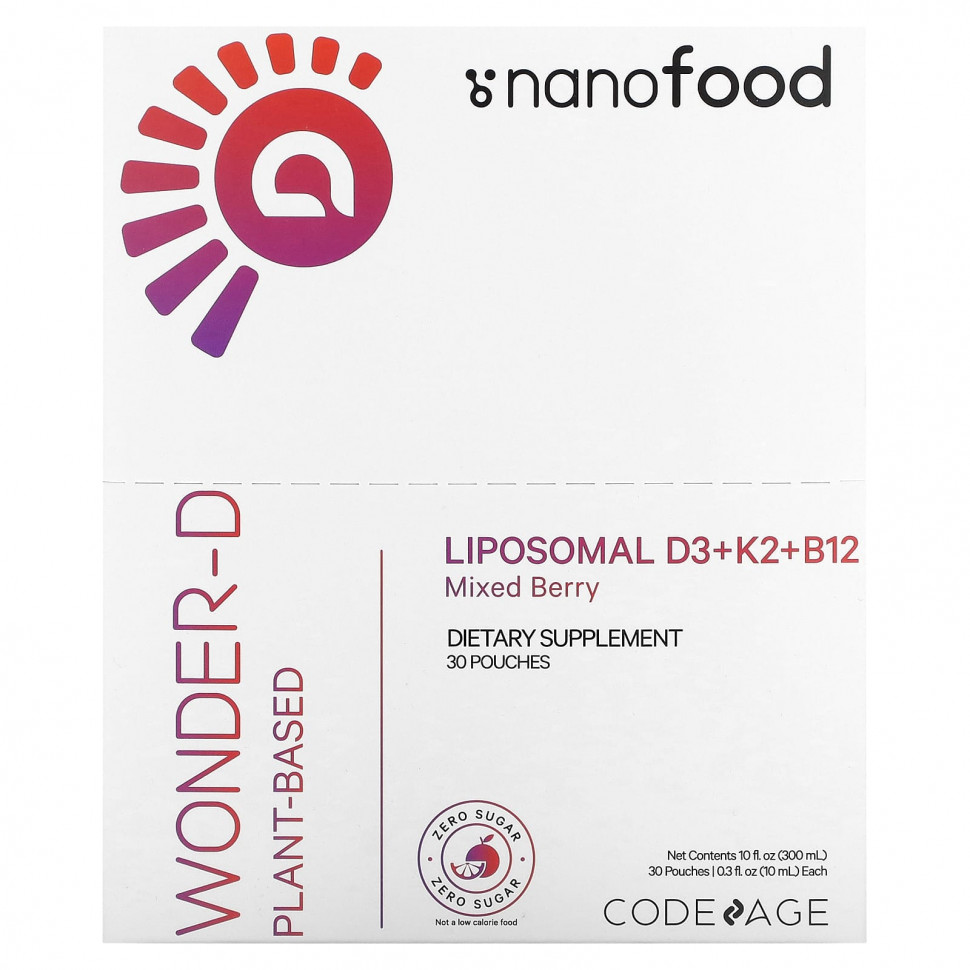 Codeage, Nanofood, липосомальные витамины D3 + K2 + B12, ягодное ассорти, 30 пакетиков по 10 мл (0,3 жидк. Унции) AGE-12171