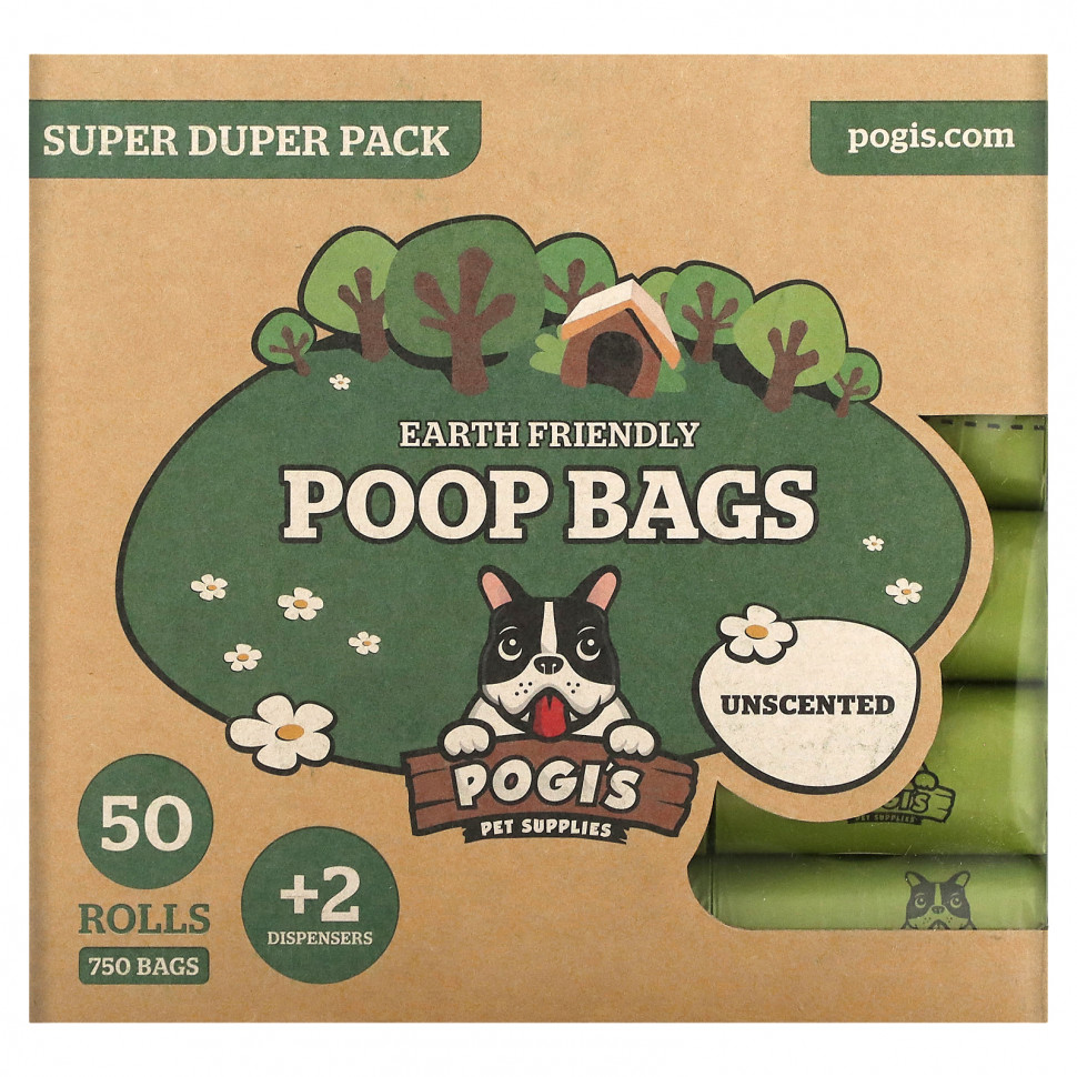 Pogi's Pet Supplies, Earth Friendly Poop Bags, Super Duper Pack, Unscented, 50 Rolls, 750 Bags, 2 Dispensers PGI-58794