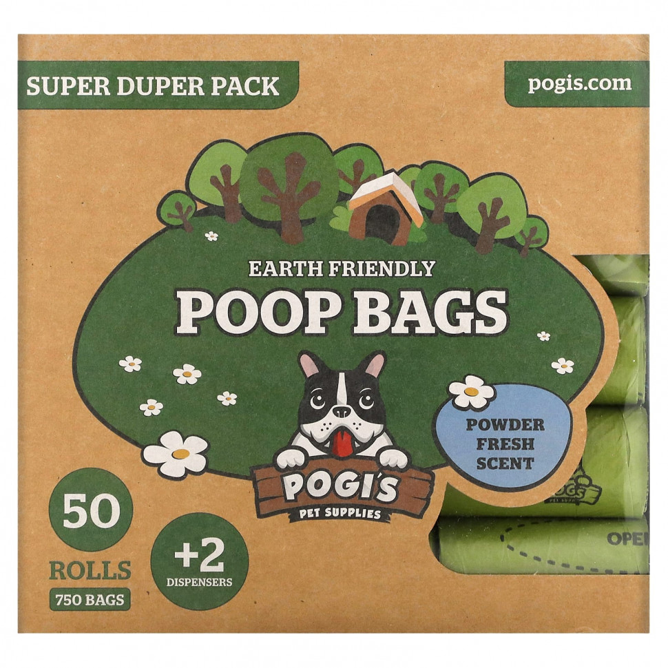 Pogi's Pet Supplies, Earth Friendly Poop Bags, Super Duper Pack, Powder Fresh, 50 Rolls, 750 Bags, 2 Dispensers PGI-58799