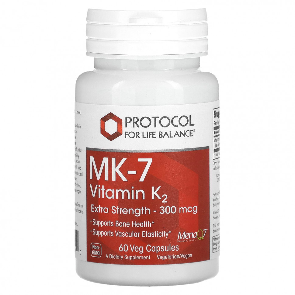 Protocol for Life Balance, MK-7, витамин K2, с повышенной силой действия, 300 мкг, 60 растительных капсул PRT-10994