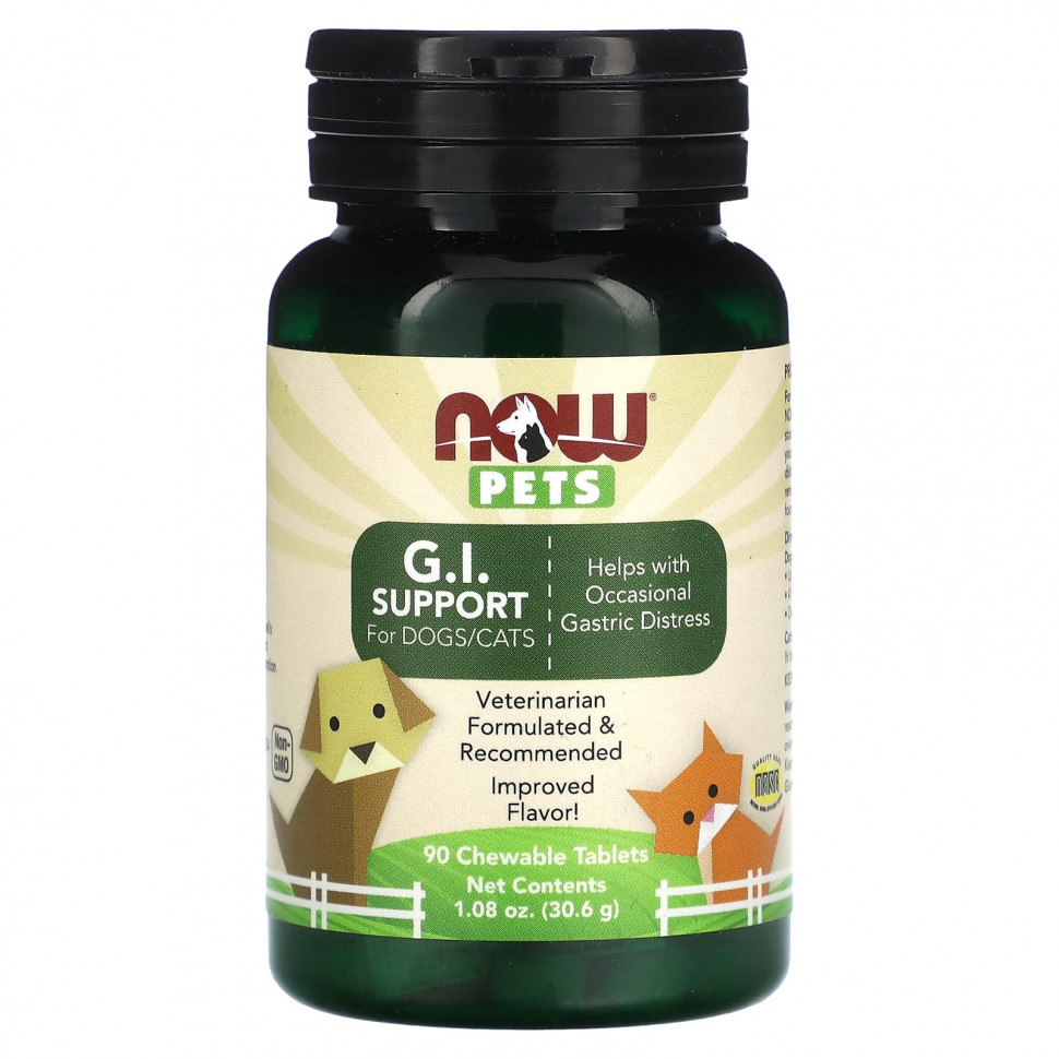 NOW Foods, Pets, поддержка желудочно-кишечного тракта, для собак и кошек, 90 жевательных таблеток, 30,6 г (1,08 унции) NOW-04305