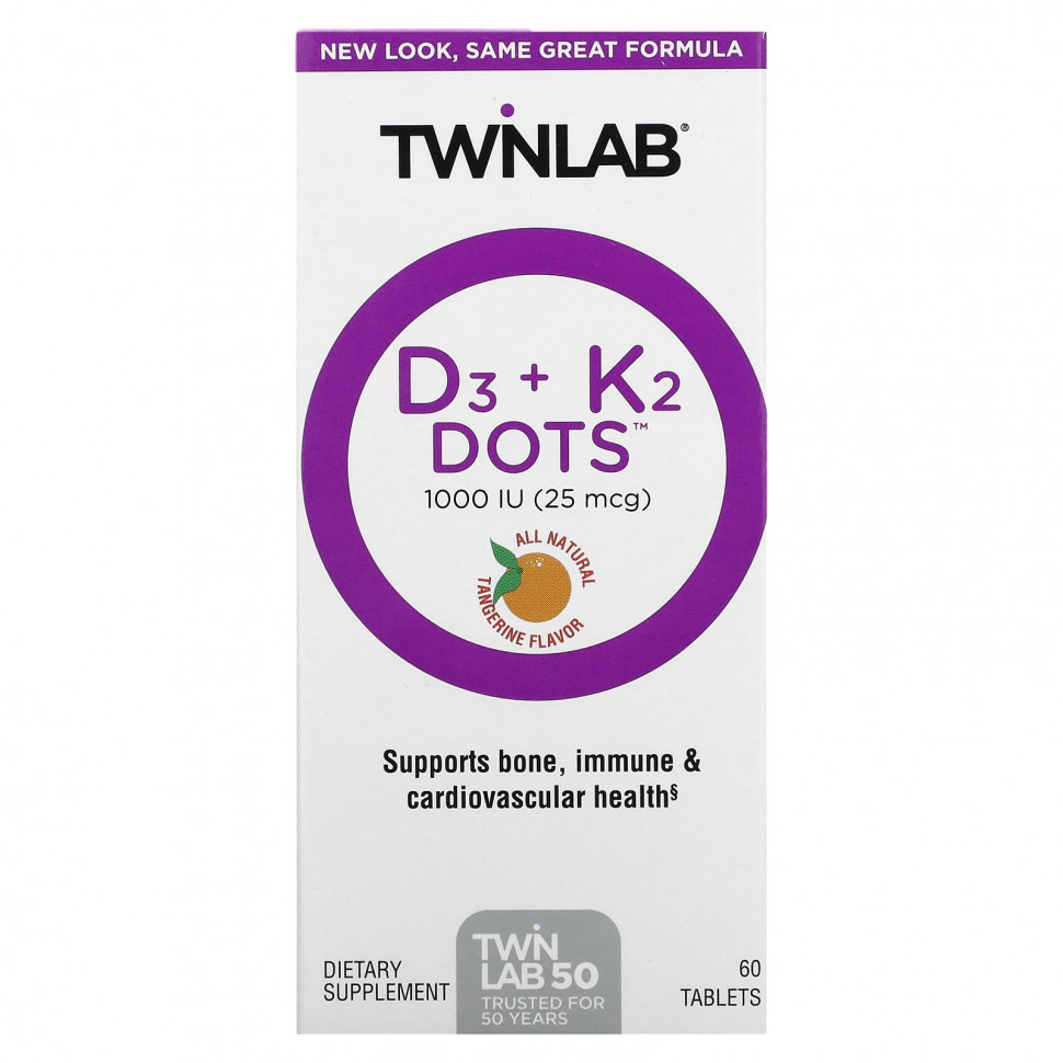Twinlab, D3 Dots + K2, полностью натуральный мандарин, 1000 МЕ (25 мкг), 60 таблеток TWL-03162