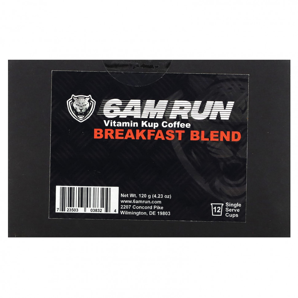6AM Run, Vitamin Kup Coffee, смесь для завтрака, без кофеина, 12 порционных чашек, 120 г (4,23 унции) RUN-03832