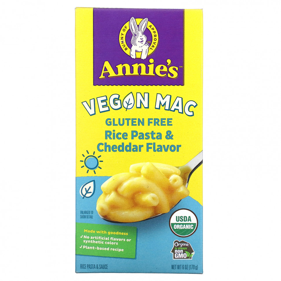 Annie's Homegrown, Vegan Mac, рисовая паста и чеддер, без глютена, 170 г (6 унций) HOM-00221