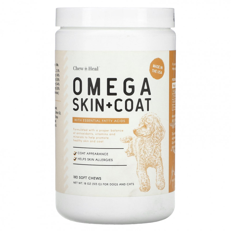 Chew + Heal, Omega Skin + Coat, с незаменимыми жирными кислотами, для собак и кошек, 180 жевательных таблеток, 513 г (18 унций) CNH-14381