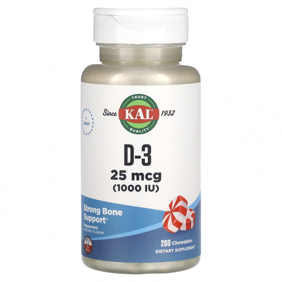 KAL, D-3, мята, 25 мкг (1000 МЕ), 200 жевательных таблеток CAL-90343
