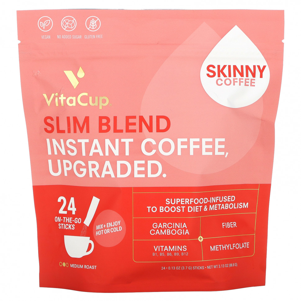 VitaCup, Растворимый кофе Slim Blend, средней обжарки, 24 палочки, по 3,7 г (0,13 унции) каждая VTA-31607
