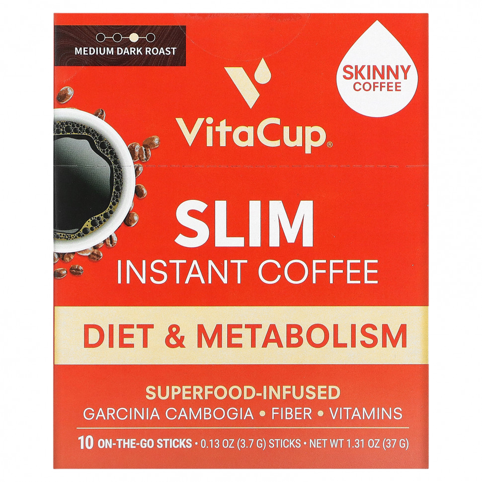 VitaCup, Растворимый кофе Slim, средней темной обжарки, 10 палочек для еды, по 3,7 г (0,13 унции) каждый VTA-31615
