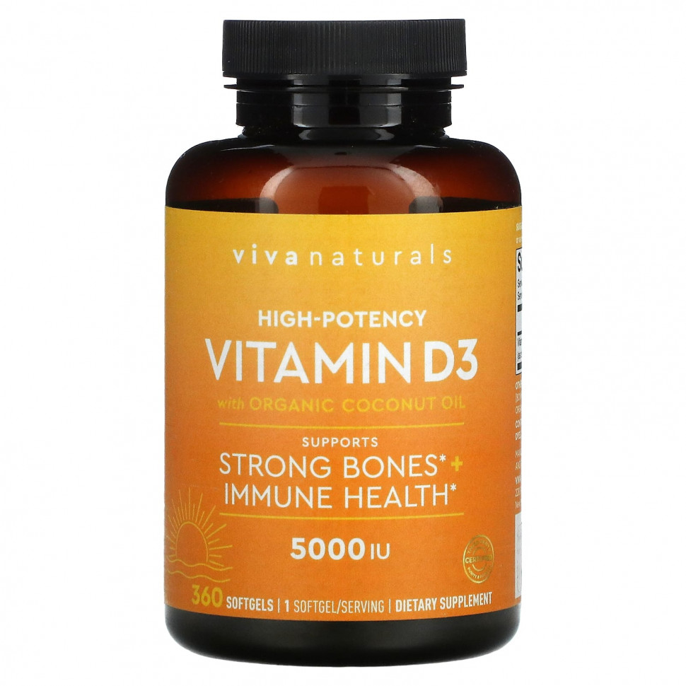 Viva Naturals, Витамин D с органическим кокосовым маслом, высокоэффективный, 5000 МЕ, 360 мягких таблеток VVA-60582