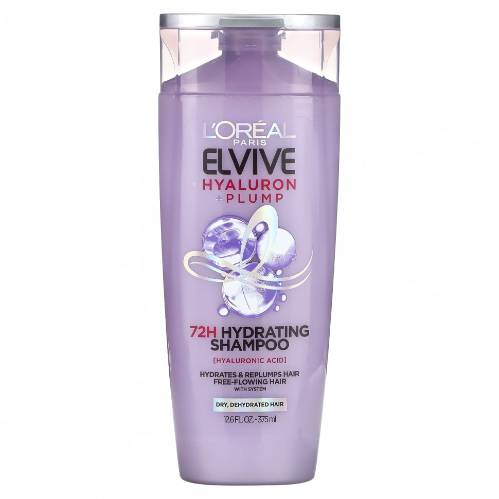 L'Oréal, Elvive, Hyaluron + Plump, увлажняющий шампунь на 72 часа, для сухих и обезвоженных волос, 375 мл (12,6 жидк. Унции) LOE-66567