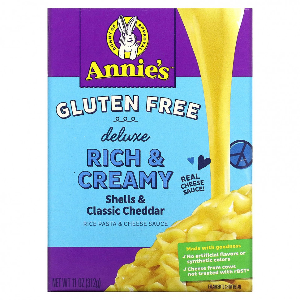 Annie's Homegrown, Deluxe Rich & Creamy, рисовая паста и сырный соус, ракушки и классический чеддер, без глютена, 312 г (11 унций) Аннис Хоумгроун HOM-61002
