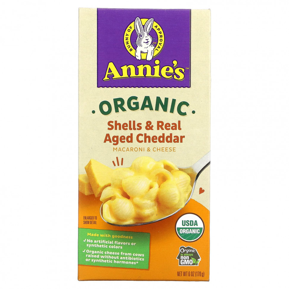 Annie's Homegrown, Органические макароны и сыр, скорлупа и выдержанный чеддер, 170 г (6 унций) Аннис Хоумгроун HOM-30098