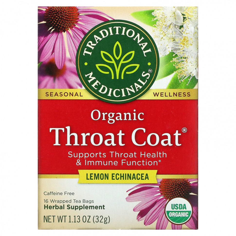 Traditional Medicinals, Organic Throat Coat, лимонная эхинацея, без кофеина, 16 чайных пакетиков в упаковке, 32 г (1,13 унции) Традитионал Медисиналс TRA-00159