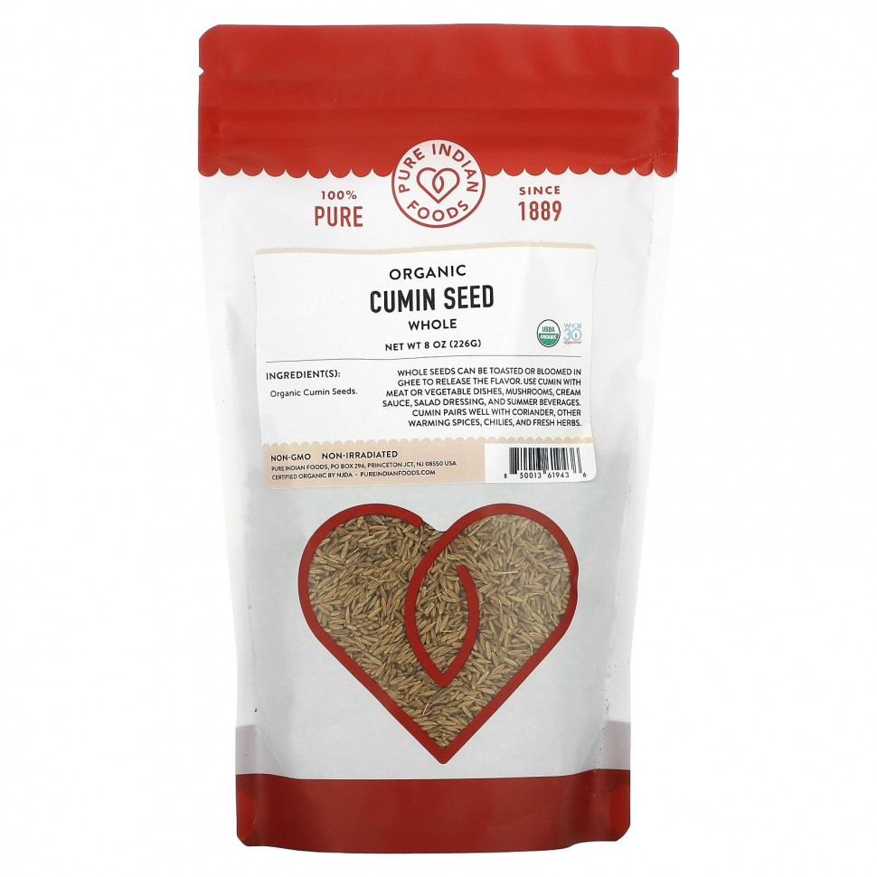 Pure Indian Foods, Органические семена тмина, цельные, 226 г (8 унций) Пуре Индиан Фудс PIF-61943