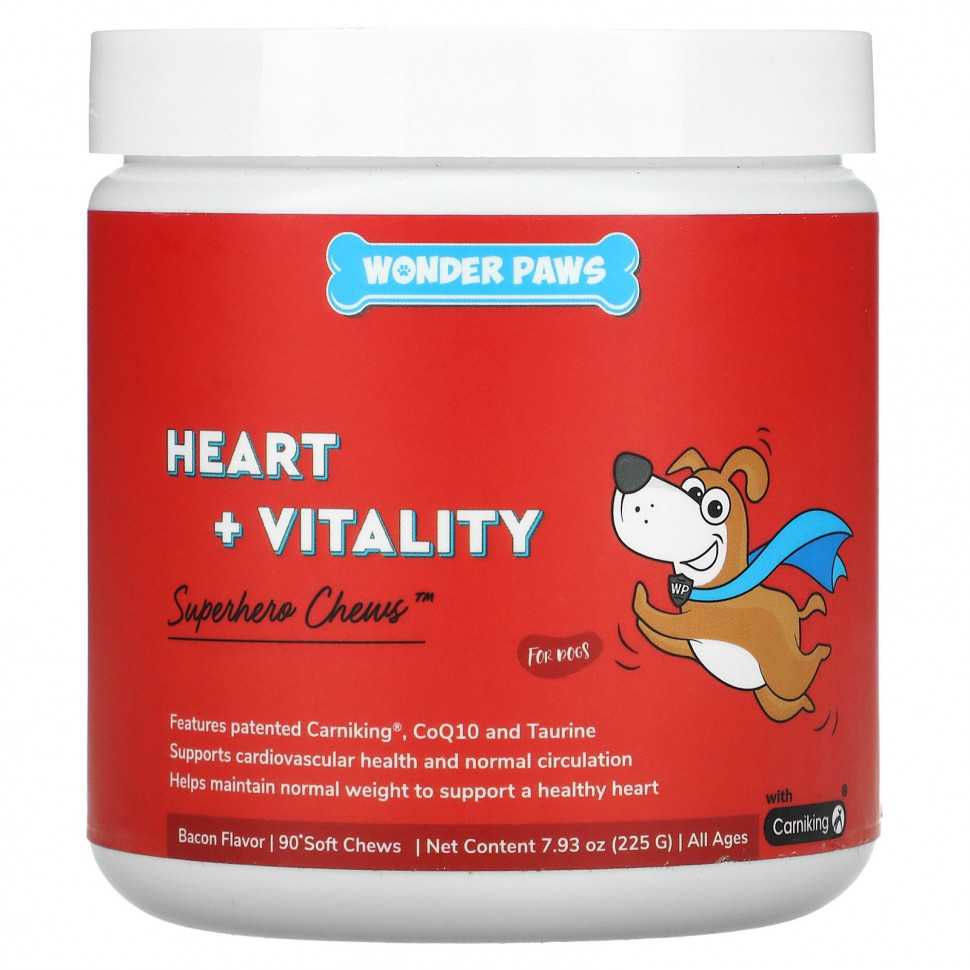 Wonder Paws, Superhero Chews, Heart + Vitality, для собак, для всех возрастов, бекон, 90 мягких жевательных таблеток WDP-94704
