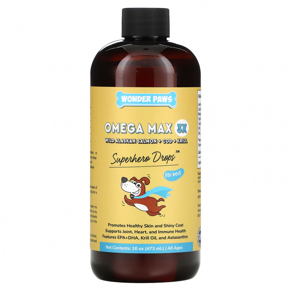 Wonder Paws, Superhero Drops для собак, Omega Max 3X, дикий аляскинский лосось, наложенный платеж и криль, для всех возрастов, 473 мл (16 унций) WDP-94707