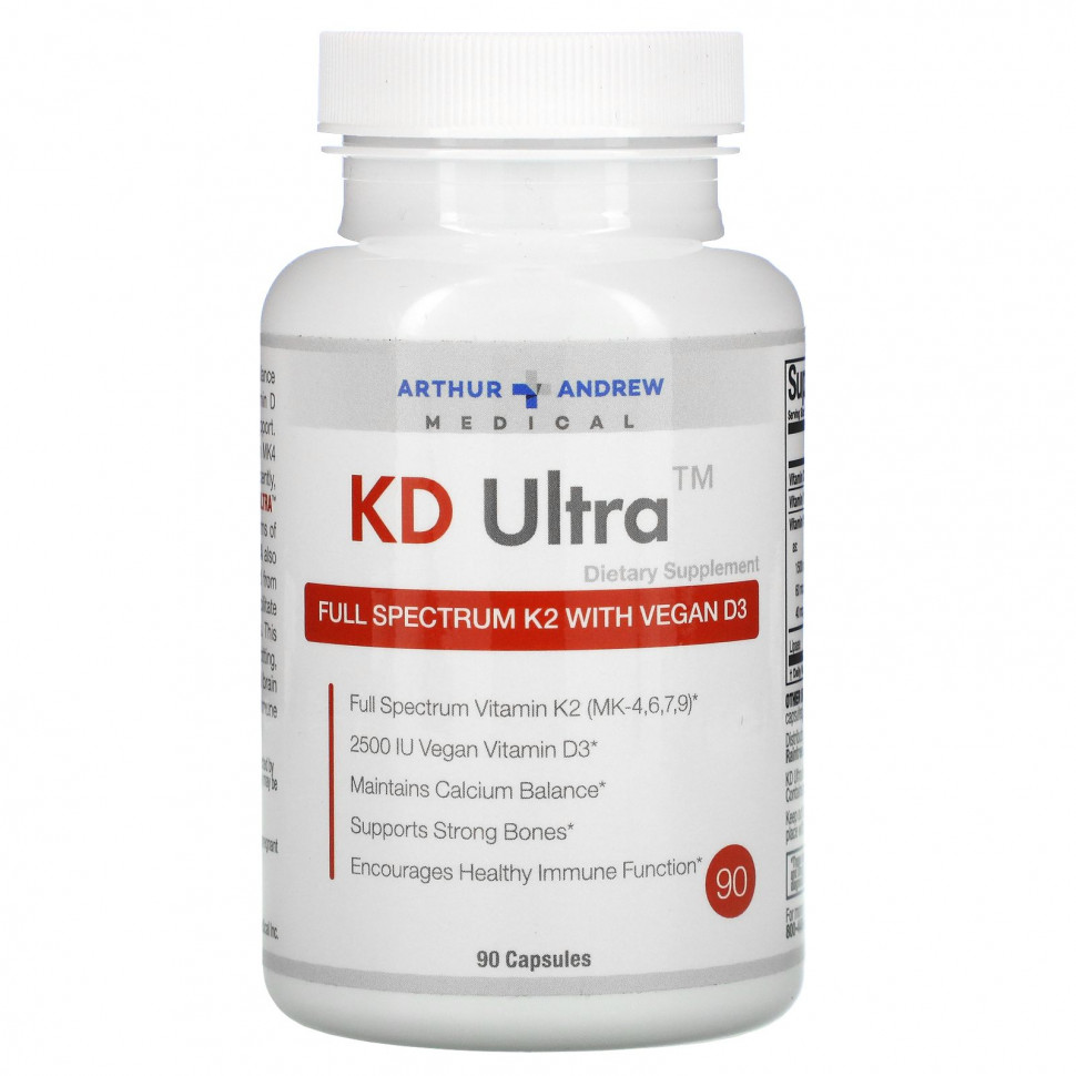 Arthur Andrew Medical, KD Ultra, полный спектр K2 с веганским витамином D3, 90 капсул AAM-00834