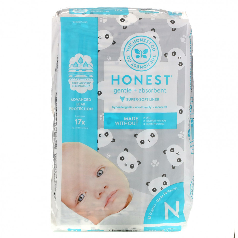 The Honest Company, Honest Diapers, Super-Soft Liner, Newborn, Pandas, Up to 10 Pounds, 32 Diapers THC-03086