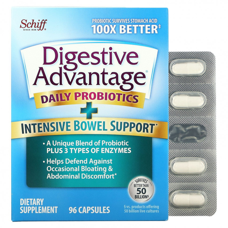 Schiff, Digestive Advantage, пробиотик для ежедневного применения, интенсивная поддержка функции кишечника, 96 капсул Шифф SBF-00117