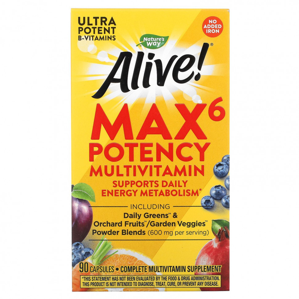 Nature's Way, Alive! Max6 Potency, мультивитамины повышенной эффективности, без добавления железа, 90 капсул Натурес Вэй NWY-15092