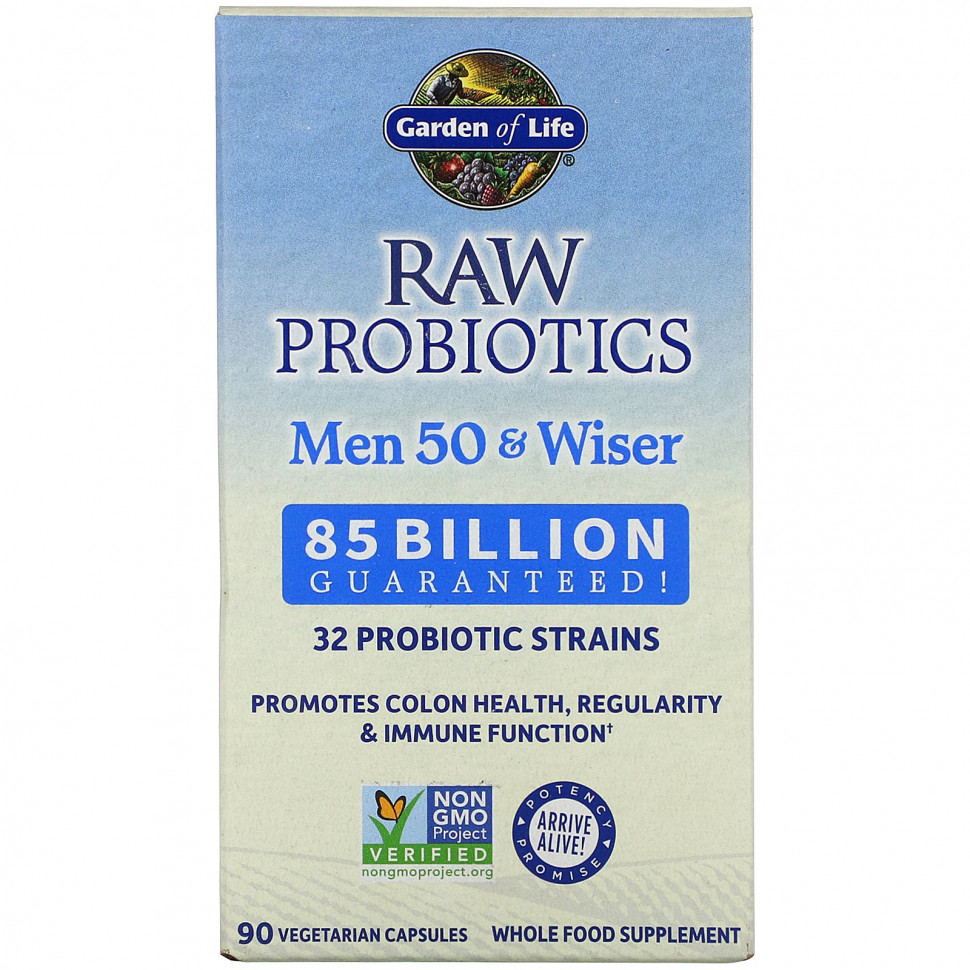 Garden of Life, RAW Probiotics, витамины для мужчин от 50 лет, 85 миллиардов живых культур, 90 вегетарианских капсул Гарден оф Лайф GOL-11566
