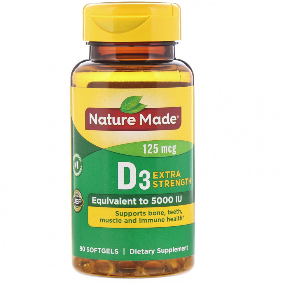 Nature Made, D3, Extra Strength, 125 мкг, 90 мягких таблеток Натуре Маде NDM-02621