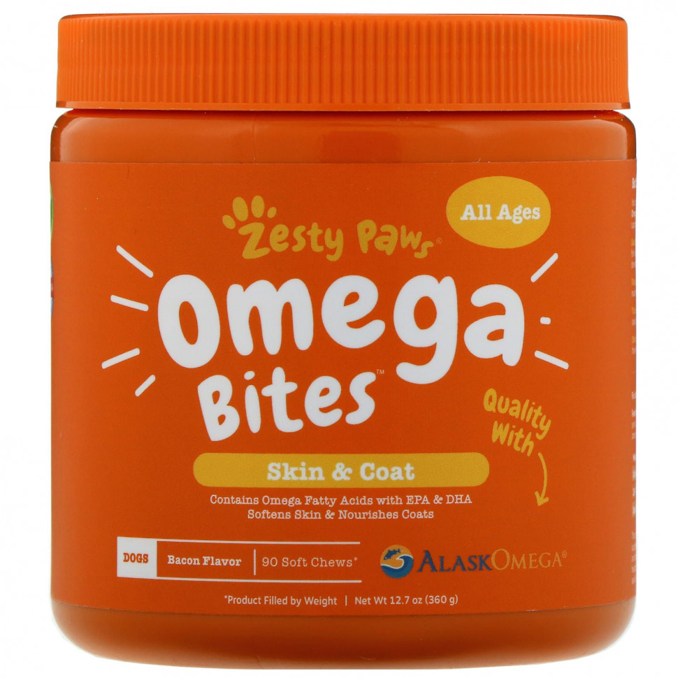 Zesty Paws, Omega Bites, добавка для собак, для здоровья кожи и шерсти животных, с ароматизатором «Бекон», 90 мягких жевательных таблеток Зэсти Раус ZTP-00830
