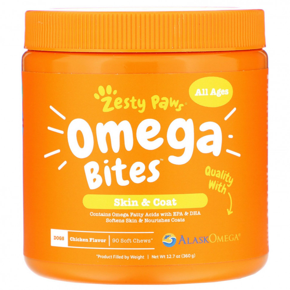 Zesty Paws, Omega Bites, добавка для собак, для любого возраста, со вкусом курицы, 90 мягких жевательных таблеток Зэсти Раус ZTP-00715
