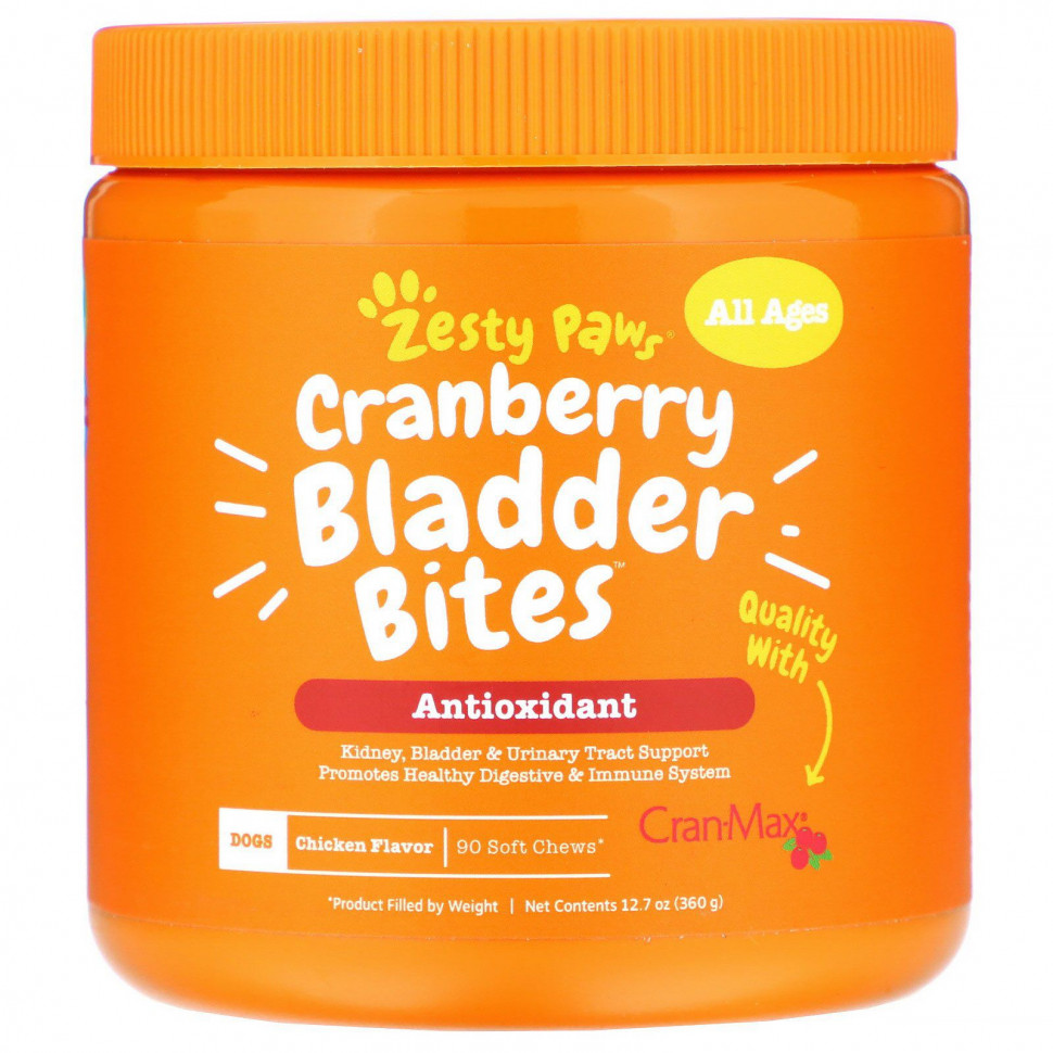 Zesty Paws, Cranberry Bladder Bites, добавка для собак с антиоксидантами, для любого возраста, со вкусом курицы, 90 мягких жевательных таблеток, 360 г (12,7 унции) Зэсти Раус ZTP-00712