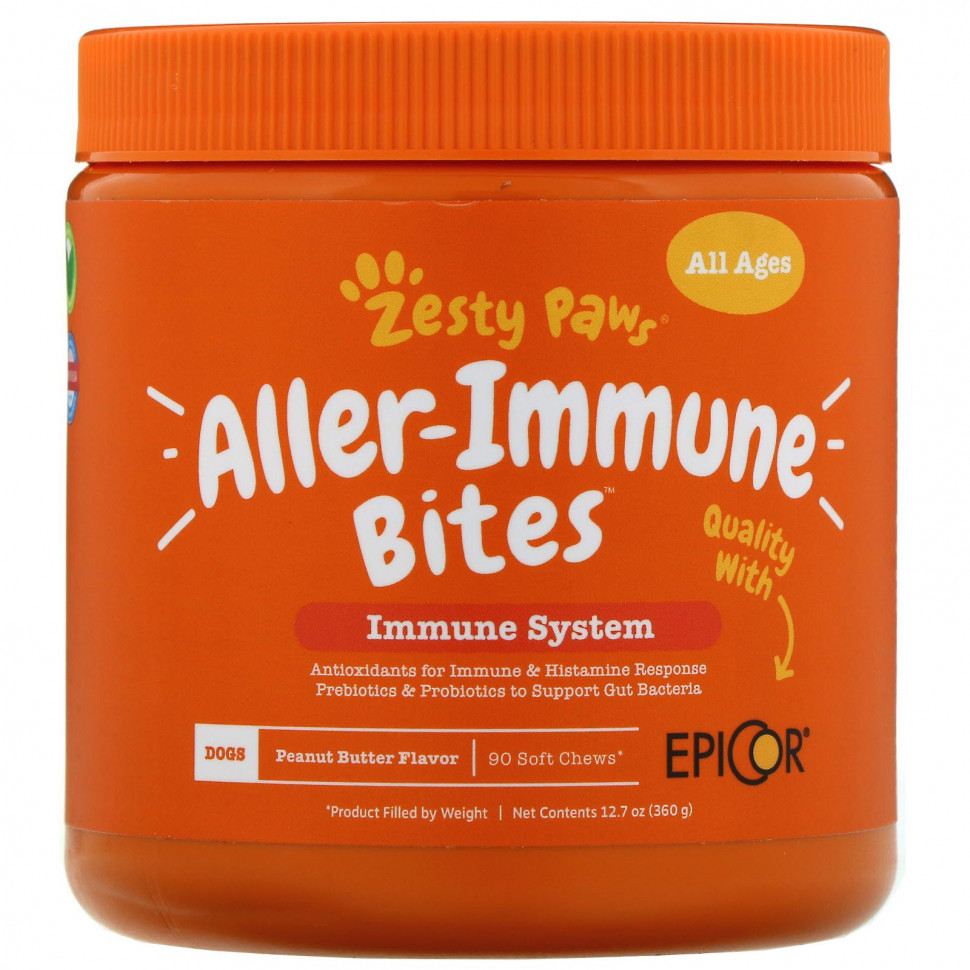 Zesty Paws, Aller-Immune Bites, добавка для собак, с ароматизатором «Арахисовая паста», 90 мягких жевательных таблеток Зэсти Раус ZTP-00793