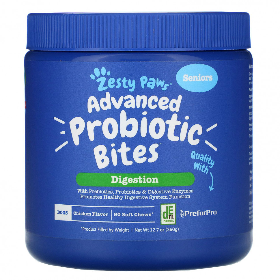 Zesty Paws, Advanced Probiotic Bites для собак, пищеварение, пожилые люди, куриный вкус, 90 мягких жевательных кусочков, 12,7 унций (360 г) Зэсти Раус ZTP-59000