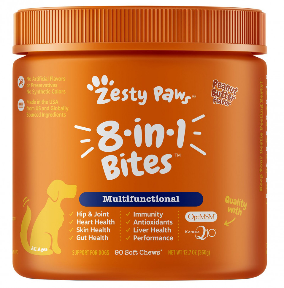 Zesty Paws, многофункциональные таблетки для собак с полезными микроэлементами, 8 в 1, для любого возраста, арахисовое масло, 90 мягких жевательных таблеток Зэсти Раус ZTP-00792