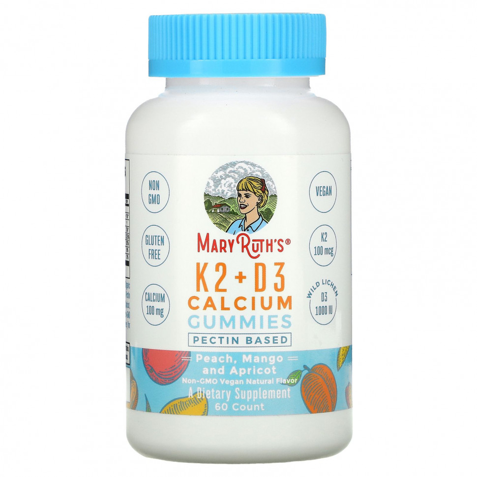 MaryRuth Organics, Жевательные мармеладки с кальцием K2 + D3, персик, манго и абрикос, 60 жевательных таблеток MRO-00805