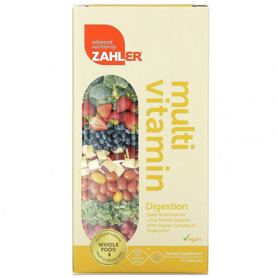 Zahler, Пищеварение, Ежедневные мультивитамины + поддержка здоровья кишечника с комплексом переваривания и пробиотиками, 60 капсул Залер ZAH-08241