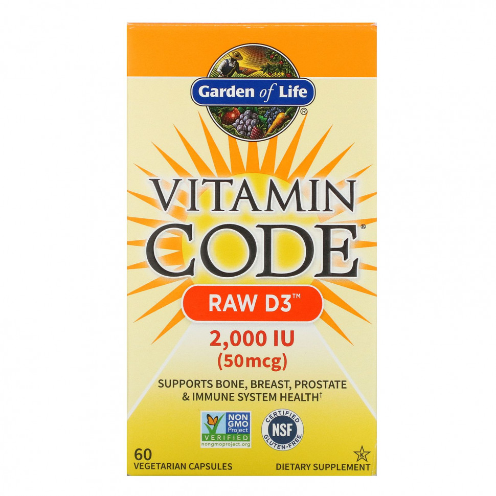 Garden of Life, Vitamin Code, RAW D3, 50 мкг (2000 МЕ), 60 вегетарианских капсул Гарден оф Лайф GOL-11413