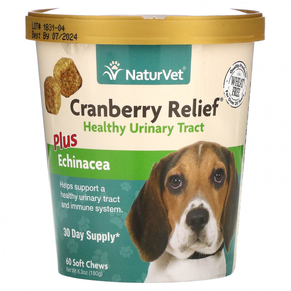 NaturVet, Cranberry Relief, с эхинацеей, добавка для поддержки здоровья мочевыводящих путей и поддержки иммунитета, для собак, 60 жевательных таблеток, 180 г (6,3 унции) НатурВет VET-03696