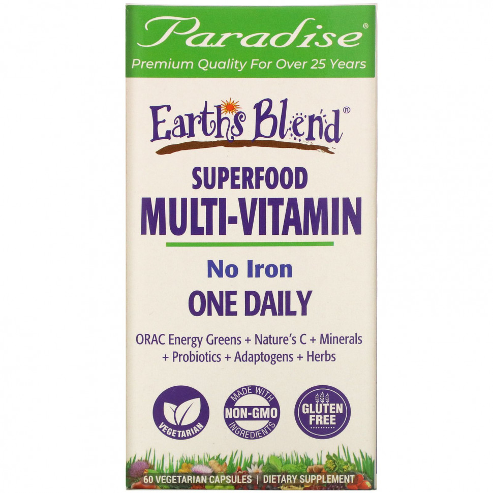 Paradise Herbs, Earth's Blend, ежедневные мультивитамины из суперпродуктов, без железа, 60 вегетарианских капсул Парадайз Хербс PAR-77827
