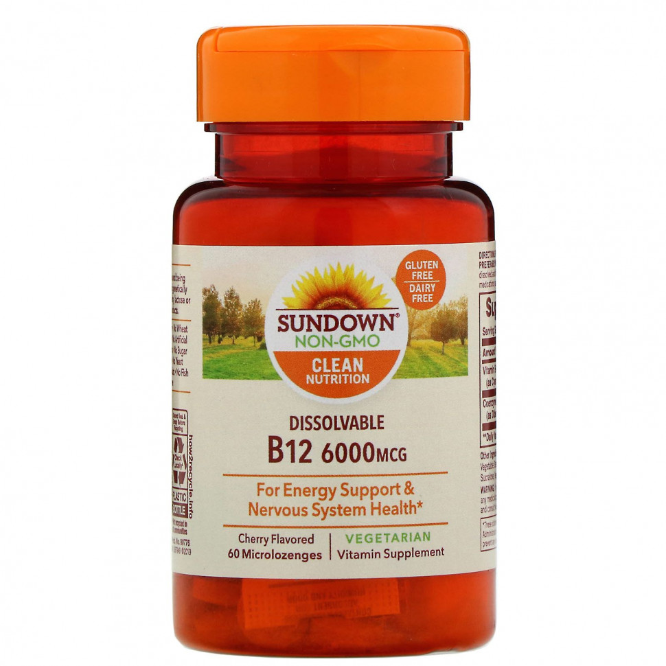 Sundown Naturals, Витамин B12 для рассасывания, ароматизатор «Вишня», 6000 мкг, 60 микропастилок для рассасывания Сандаун Нэчуралс SDN-18565