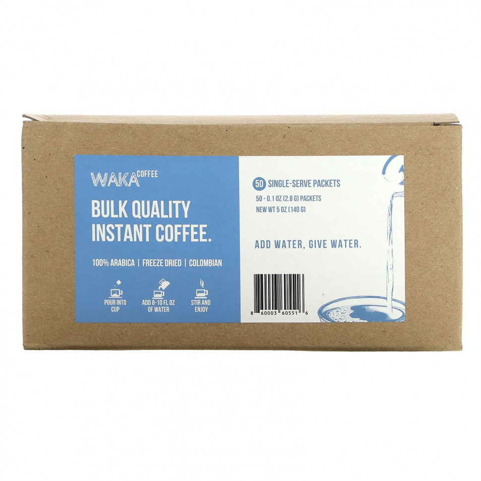 Waka Coffee, Растворимый кофе из 100% арабики, лиофилизированный колумбийский, 50 порционных пакетиков по 2,8 г (0,1 унции) WKC-60551