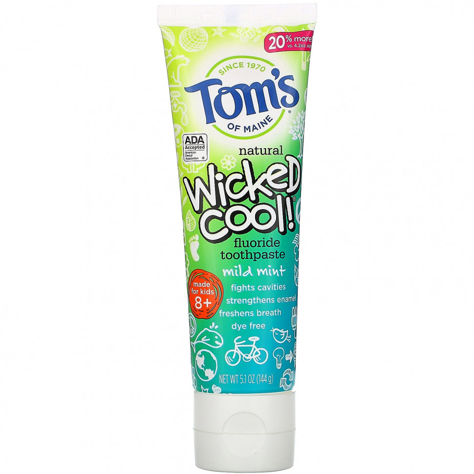 Tom's of Maine, Wicked Cool !, зубная паста с натуральным фтором, для детей от 8 лет, дикая мята, 144 г (5,1 унции) Томс оф Мэйн TOM-97120