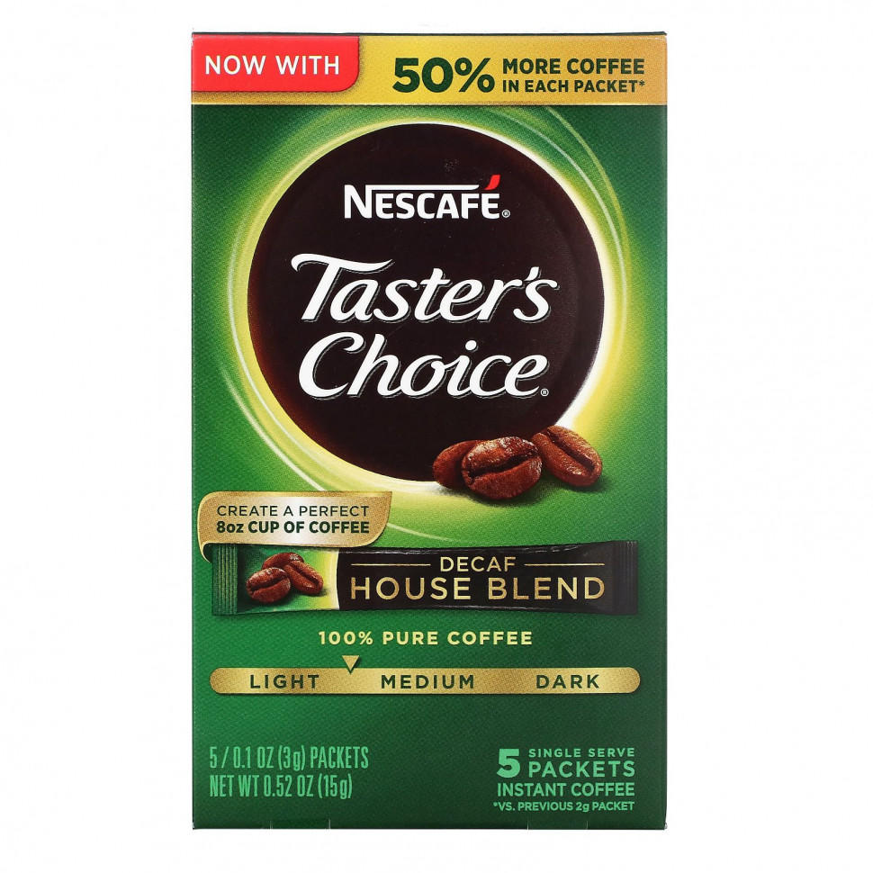 Nescaf?, Taster's Choice, растворимый кофе, домашняя смесь, легкая / средняя обжарка, без кофеина, 5 пакетиков по 3 г (0,1 унции) Нескафе NCF-45357