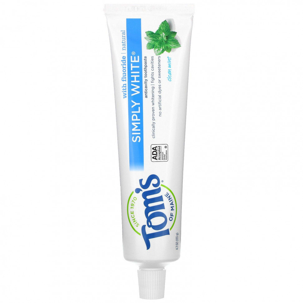 Tom's of Maine, Зубная паста Simply White от кариеса с фтором, чистая мята, 133 г (4,7 унции) Томс оф Мэйн TOM-14806