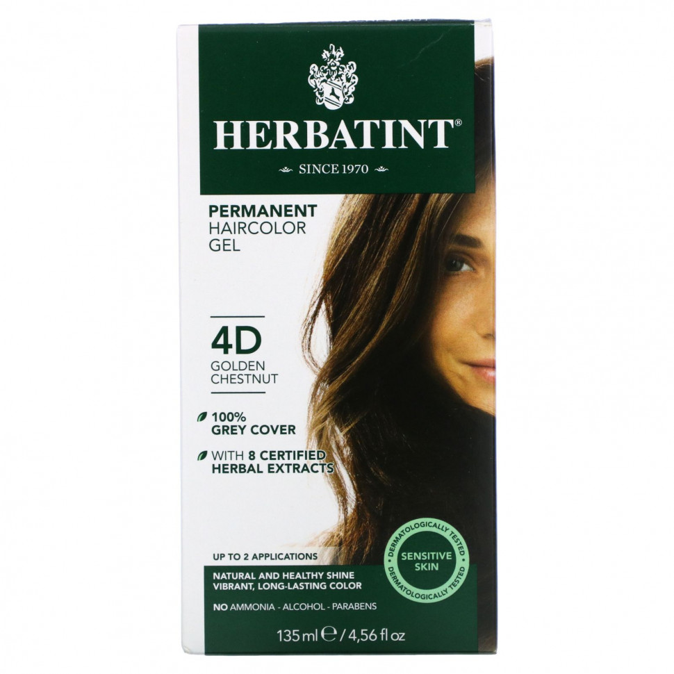 Herbatint, Стойкая гель-краска для волос, 4D, золотистый каштан, 135 мл (4,56 жидк. Унции) Хербатинт HVN-00110